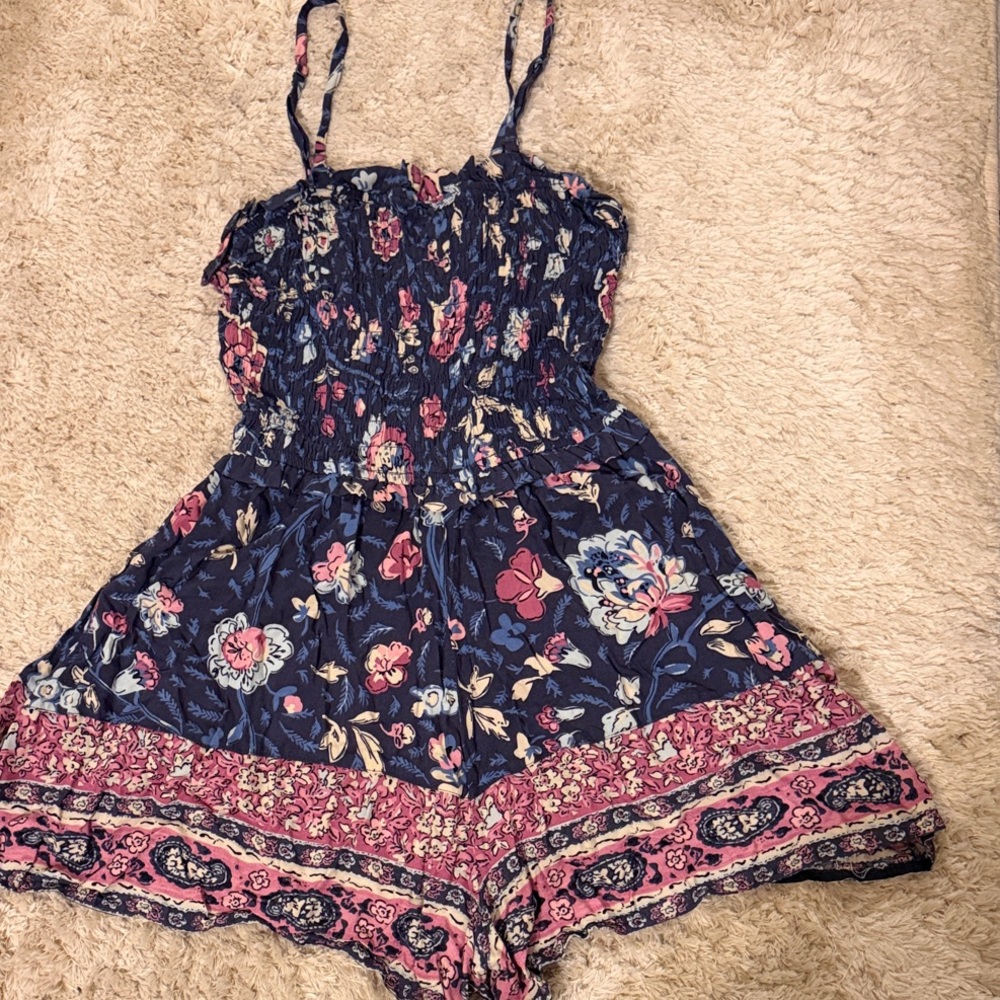 Jessica Simpson Navy Floral Smocked Romper with Pink Border